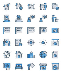 Filled blue outline icons set for Real estate