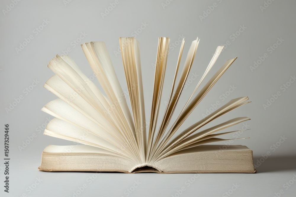 Poster minimalist open book cover display. blank pages on grey backdrop for textbook design showcase