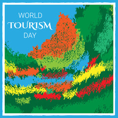 World Tourism Day. Colorful postcard with a nature landscape. Vector illustration.