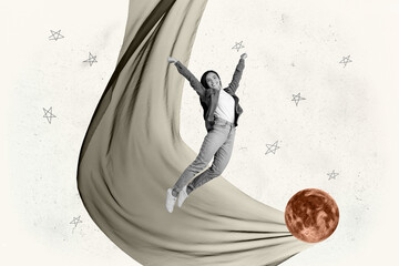 Banner 3d poster art collage of happy girl guy stand space galaxy moon planet cosmos discovery...