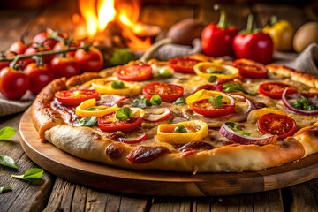 Rustic wood-fired vegetable pizza with colorful peppers, tomatoes, and herbs on wooden board near open flame