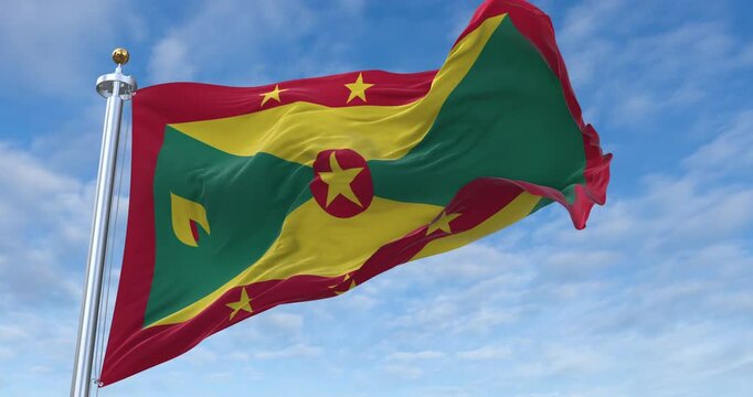 Grenada flag with flagpole waving in wind, rolling clouds background looping, 4K video (Perfect Loop)