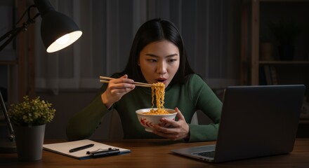Woman eating instant noodles while working late at night (1)