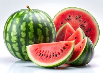 Fresh ripe watermelon with vibrant red juicy slices and whole green striped fruit on a clean white background