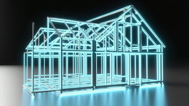 Futuristic House Construction Animated 3D Wireframe Model of a Steel House Frame Structure with Glowing Blue Neon Light - Digital Architecture Visualization