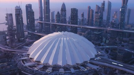 Aerial view of a futuristic metropolis at dusk, featuring towering skyscrapers, elevated highways with glowing traffic, and a prominent white geodesic dome structure in the foreground. - Powered by Adobe