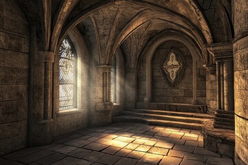 Fototapeta premium Timeless Ancient Room: A Glimpse into Medieval Architecture with Arched Stone Walls and Ethereal Light
