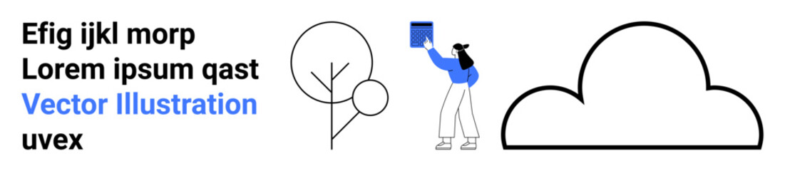 Person holding book near outlined tree and cloud. Ideal for education, reading, minimalistic design, creativity, nature, abstract concepts, simple landing page