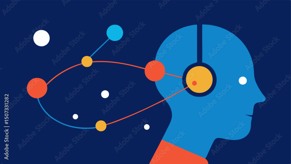 Poster interconnected mind a profile view of a person with a headset with lines connecting the headset to b