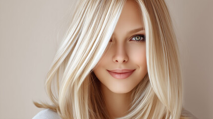 Minimalist Beauty Portrait of Young Woman with Straight Scandinavian Blonde Hair with Babylights, Balayage, Modern Haircare and Healthy Glow, Looking at Camera Portrait Beige Gray Studio Background.