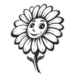 Smiling Sunflower Outline: Cheerful Cartoon Floral Illustration in Black and White, vector image.                                                     
