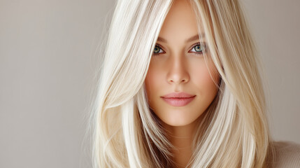 Minimalist Beauty Portrait of Young Woman with Straight Scandinavian Blonde Hair with Babylights, Balayage, Modern Haircare and Healthy Glow, Looking at Camera Portrait Beige Gray Studio Background.