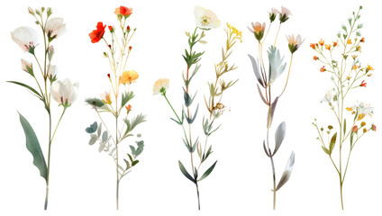 PNG Delicate wildflower botanical illustrations, element set on transparent background