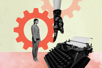 Poster art collage of person look stand near type machine cog gear wheel on pastel red background