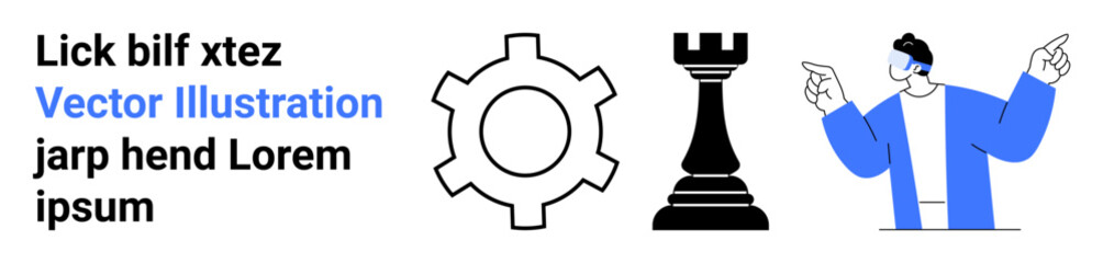 Gear and chess rook symbolize ideas and strategy while a character with gesture hints at collaboration and innovation. Ideal for business, strategy, teamwork, creativity, leadership, education