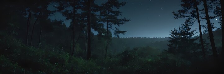 Fototapeta premium Mysterious Night Nature Scene with Moonlight, Mist, Stars, Forest Atmosphere, Cinematic Mood, Realistic Landscape Art