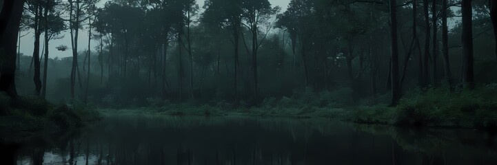 Obraz premium Mysterious Night Nature Scene with Moonlight, Mist, Stars, Forest Atmosphere, Cinematic Mood, Realistic Landscape Art