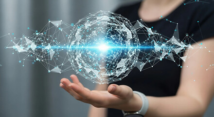 Woman holding a glowing sphere with interconnected lines and dots, symbolizing technology and connectivity, Generative AI.