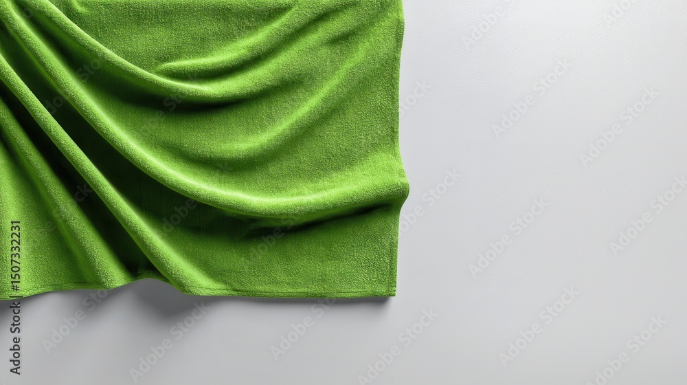 Poster soft green fabric draping gracefully against a white background, creating gentle folds and wrinkles.