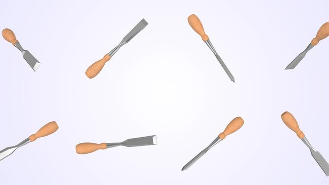 Chisels Falling on a Light Blue Background. Wood Chisels 3D Animation. 4K
