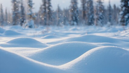 Serene Winter Landscape with Snow Drifts and Falling Snowflakes in a Forest of Evergreen Trees on a Sunny Day