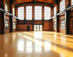 Spacious industrial loft with large arched windows, exposed brick walls, and polished wooden floor. Sunlight pours in, creating a warm, modern atmosphere ideal for events or creative projects