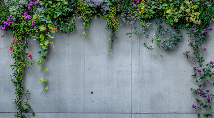 Vibrant Blooming Vines Cascading Down a Modern Concrete Wall A Stunning Floral Display