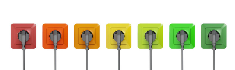 Energy rating concept demonstrated through a range of color-coded sockets. Isolated on a transparent background. 3d illustration.