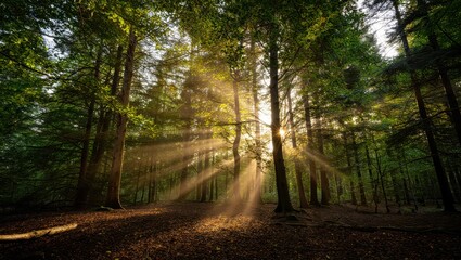 Naklejka premium Sunlight Piercing Through a Lush Forest Canopy