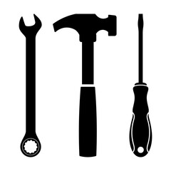 Silhouette of Wrench, Hammer and Screwdriver Tools Vector Illustration. This black and white vector illustration features three essential hand tools in clean silhouette style.