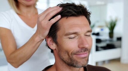 Obraz premium Skilled therapist providing soothing temple massage to relaxed client, delivering stress relief in tranquil wellness environment