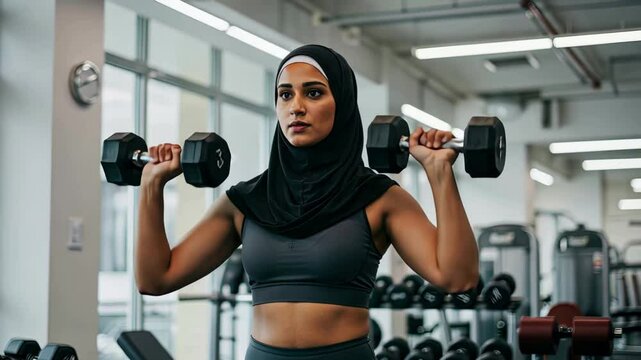 Determined woman lifting dumbbells in modern gym for fitness and strength training