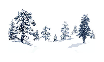 Fototapeta premium Alpine Frozen Cedar Tree Silhouettes, snowy terrain, icy tree silhouette, engraved evergreen forest, winter mountain landscape, cold weather art, vector illustration, christmas tree