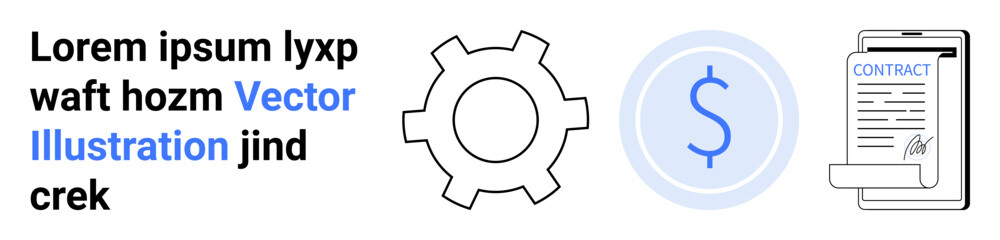 Gear, dollar symbol, and signed contract visually represent collaboration, economy, and documentation. Ideal for finance, productivity, business contracts, workflow strategy operations simple