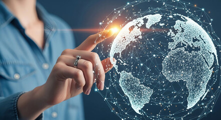 Woman touching a globe with network lines, symbolizing global connectivity and communication, Generative AI.