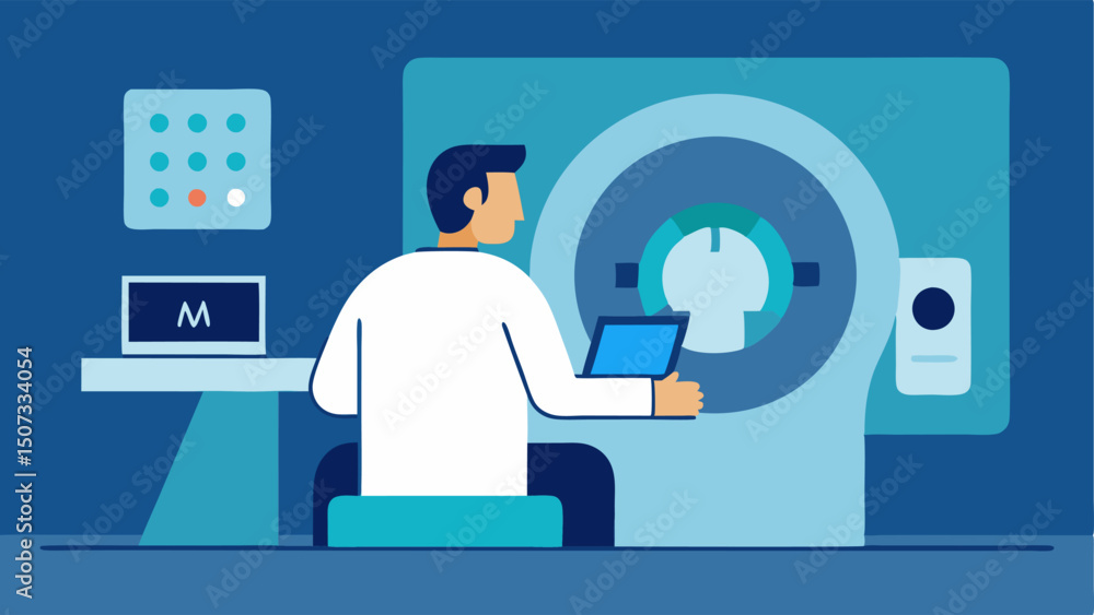 Poster mri control room a technician sits at a control panel observing a screen showing mri images while ad