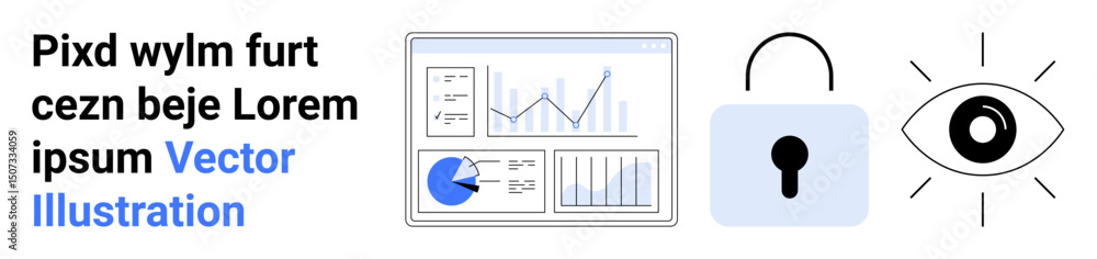 Aufkleber analytics dashboard with graphs and charts, closed padlock icon, and an eye symbol. ideal for data p