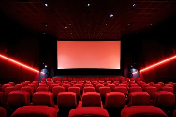 Fototapeta premium Empty Movie Theater with Red Seats and Screen Ready for a Film Screening Experience