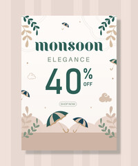 Lovely monsoon sale composition with  Discount, Cute umbrella for monsoon season sale, template, Text Space Background. Rainy season promotion

