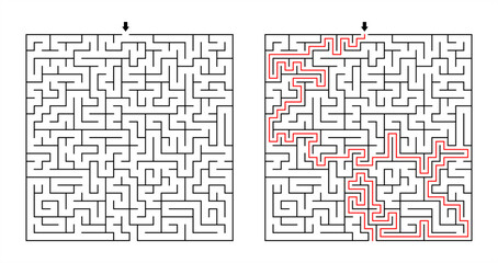 Black and White Square Maze Puzzle with Solution: Classic Adult Labyrinth