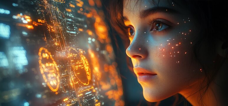 Future-Focused Girl Gazing at a Holographic Interface