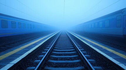 Naklejka premium A foggy railway station with trains and endless visible tracks