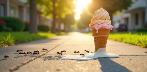 A melting ice cream cone drips down a hot summer sidewalk, ants crawling towards the sugary treat The sun shines brightly overhead, a perfectly comical summer mishap , bright, summer image, hilarious