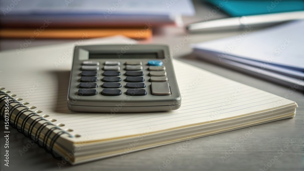 Poster a calculator rests on an open notebook, surrounded by sheets of paper, suggesting a focused workspac
