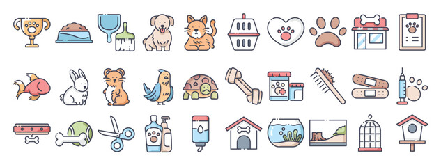 An array of petrelated icons displayed in rows and columns encompassing various animal types and accessories