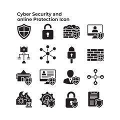 Black and white vector icons depicting cybersecurity and internet protection concepts and symbols