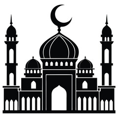 Black and White Mosque Silhouette Vector, Islamic Architecture Illustration with Crescent Moon, Religious Building Clipart