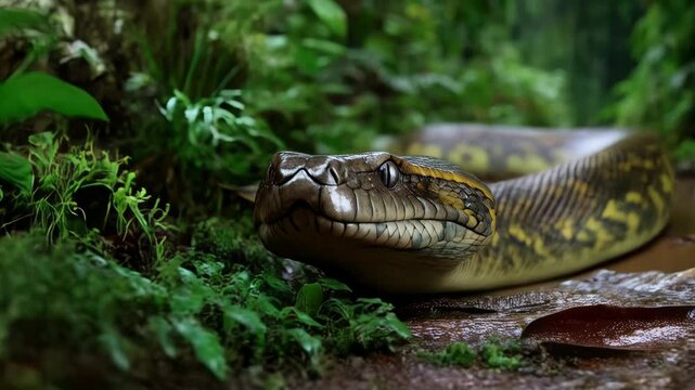 Serpentine anaconda resting in shallow waters, lush jungle foliage backdrop, wildlife animal, close-up reptile eye view.