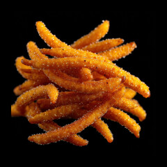 Crispy sweet potato fries stacked high