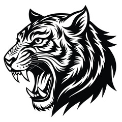 Obraz premium Fierce Tiger Head Black and White Vector Illustration, Wild Animal Portrait, Roaring Tiger Clipart for Logo and Design